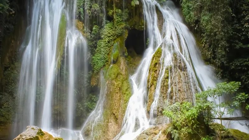 The Cascada Velo de Novia, a beautiful waterfall resembling a bridal veil near Huautla de Jimenez in Oaxaca, Mexico