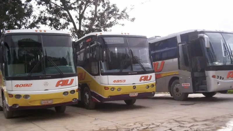 AU (Autobuses Unidos) buses parked at the bus terminal at Huautla de Jimenez in Oaxaca, Mexico