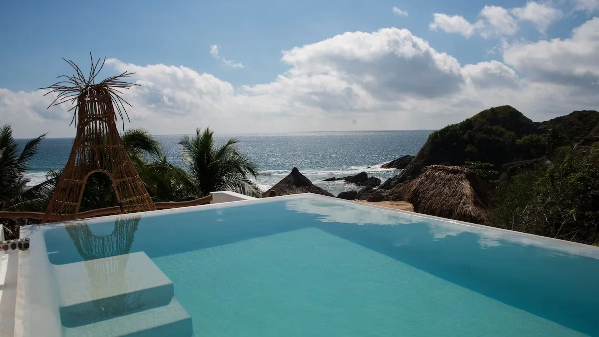View of the beach at Zipolite from Hotel El Alquimista Yoga & Spa in Oaxaca, Mexico
